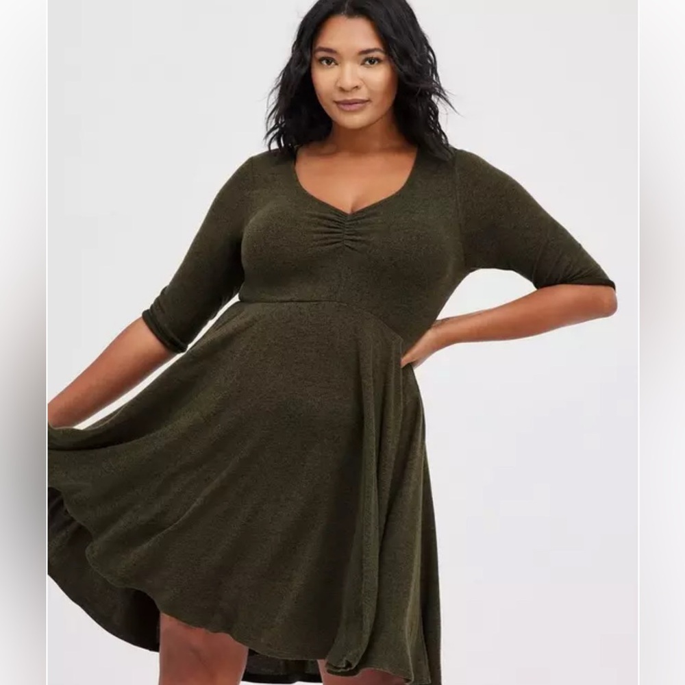 (NEW‎ W/ TAGS) Torrid Mini Super Soft Fit & Flare Plush Skater Dress Olive Green